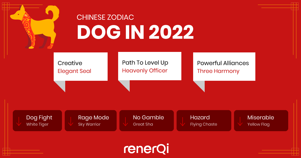 dog zodiac sign in 2022 with Elegant Seal, Heavenly Officer, Three Harmony, White tiger, Sky warrior, Great Sha, Fly Chaste, Yellow Flag stars