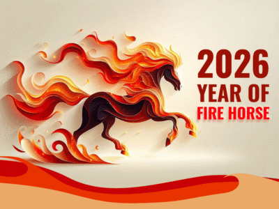Fire element horse is running to the right direction with the word 2026 YEAR OF FIRE HORSE